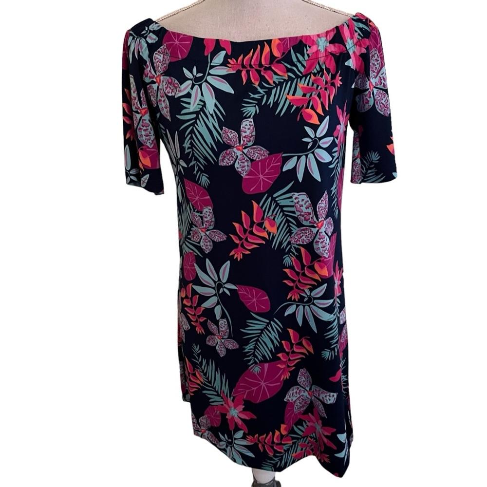 Escapada Living Black/Orange/Green/Pink Tropical Floral Off the Shoulder Dress